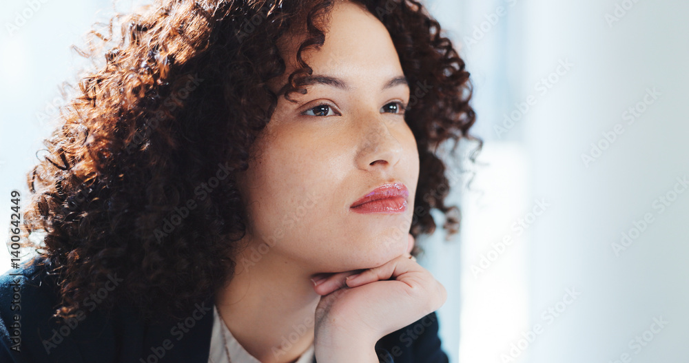 Poster thinking, vision and business woman in office for problem solving, financial advisor and client solu