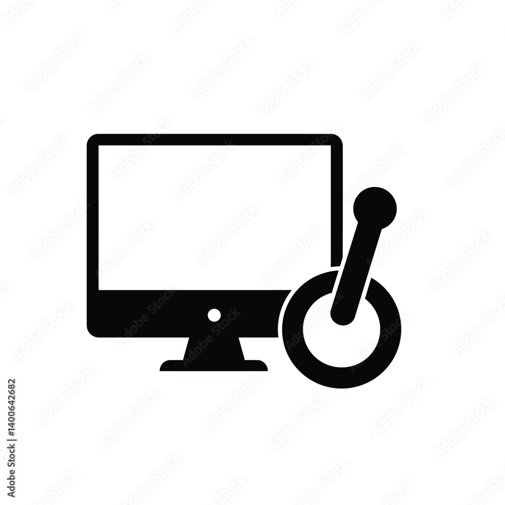 Poster computer with joystick for gaming or accessibility vector icon black and white