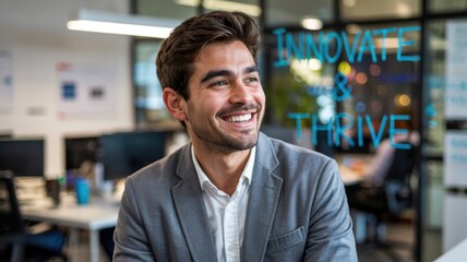 Fototapeta premium Happy startup founder smiling with energy. Modern workplace joy and positive business attitude.