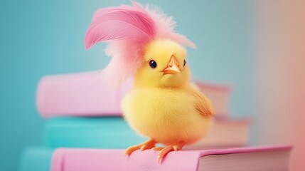 Cute Little Chick with Pink Feathers Sitting on Stack of Books