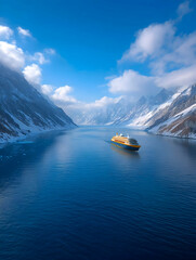 Cruise ship navigating a serene fjord surrounded by snow-capped mountains under a vibrant blue sky