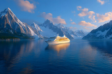 Cruise ship sailing serene fjord, snow-capped mountains reflecting in calm water at sunset