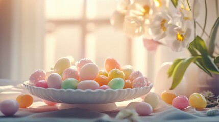 Obraz premium Colorful Easter Eggs Arrangement with White Orchids and Soft Lighting