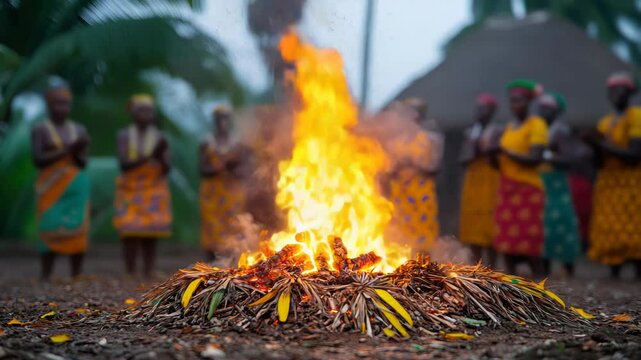Vibrant Fire Carnival celebration at the Aboakyer Festival in Ghana, with traditional dancers in colorful costumes performing sacred rituals around a ceremonial fire, surrounded by festival crowds