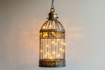 Obraz premium Birdcage with lights hanging on white background csvgen