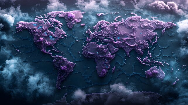 Colorful 3D World Map with Clouds and Purple Hues in Background