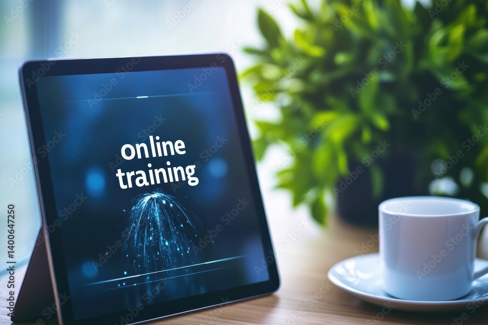 Poster e-learning concept displayed on a tablet with a cup of coffee and greenery in the background