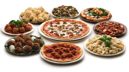 A Delicious Italian Feast: Pizza, Pasta, and Meatballs