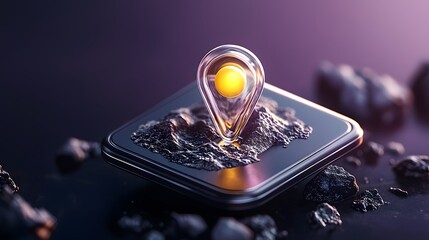 Glowing Location Pin on Detailed Surface with Rocks and Light Effects