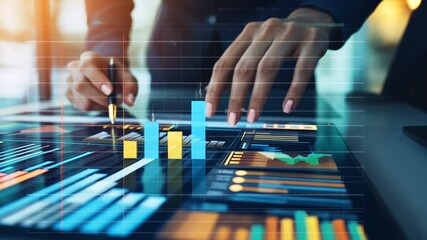 Businesswoman analyzing financial data on interactive screen for strategic decision-making - Powered by Adobe