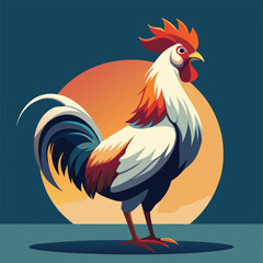Isolated cartoon rooster vector illustration on a white roof, a red feathered farm animal