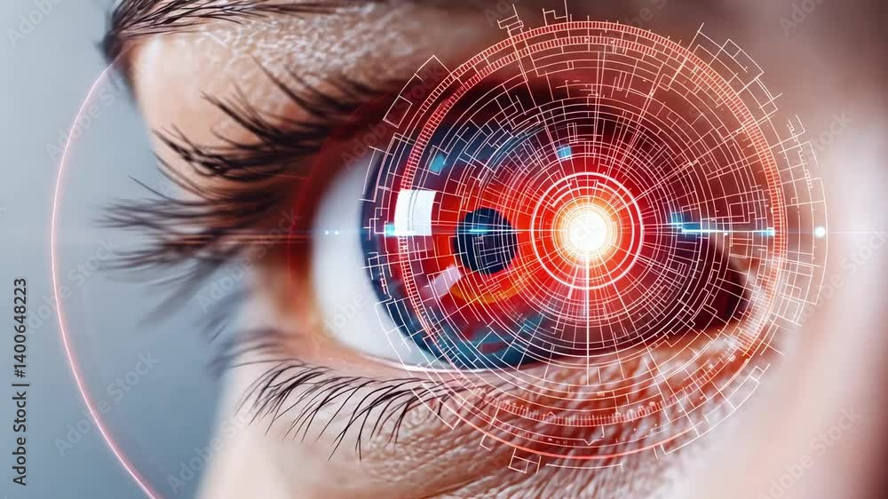Poster Close up of an eye undergoing a scan with futuristic technology, visualizing data analysis and biometric identification concepts related to security and healthcare
