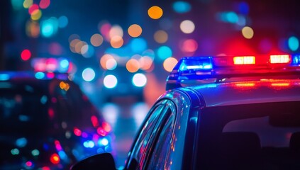 Police car at night with flashing lights.  Blurred city lights and other vehicles in the background