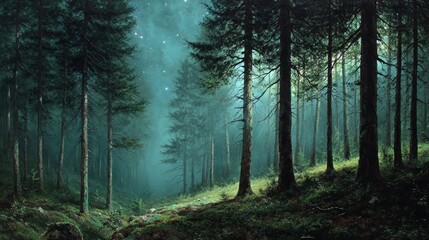 Fototapeta premium Mystical forest illuminated by starlight with misty atmosphere and tall trees creating a serene and magical night landscape