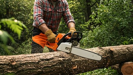 Man Cutting Tree Log with Chainsaw in Forest