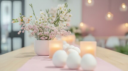 A digital startup meeting led by a female CEO includes soft Easter elements like white egg candles and a pink floral runner that enhances the workspace