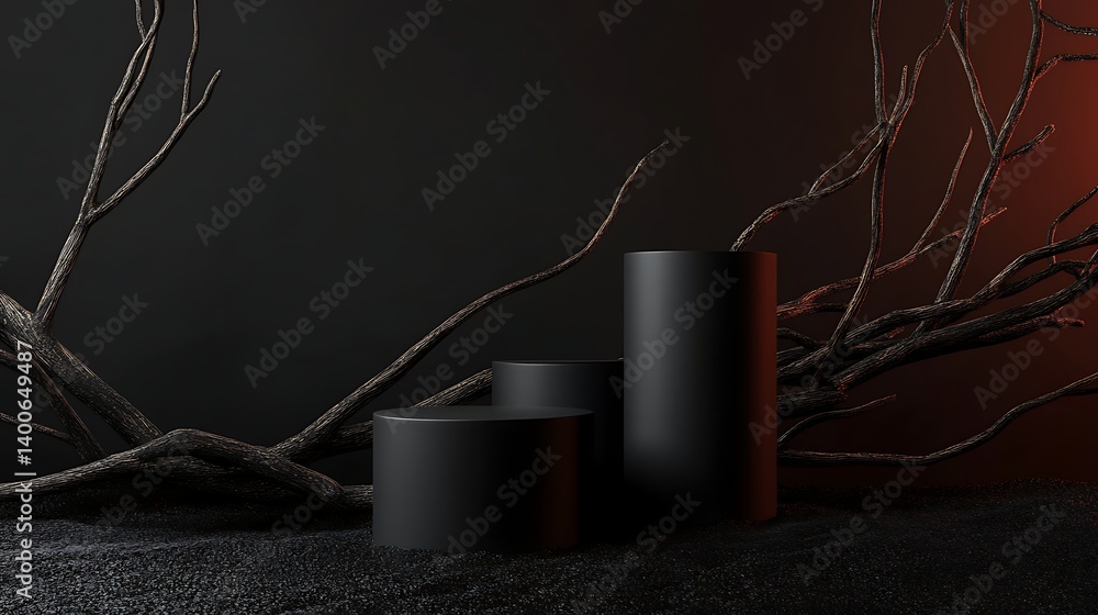 Poster a minimalist setup featuring three black cylindrical forms arranged on a textured surface with organ
