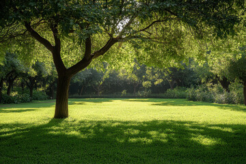 Obraz premium Grassy field with trees and grass under clear blue sky.