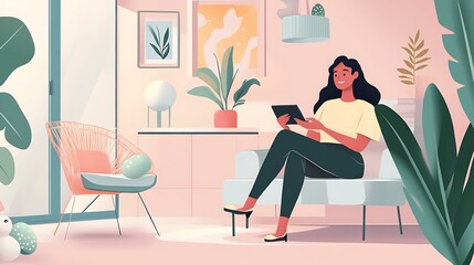 A dynamic female startup founder holds a remote while discussing quarterly growth, pastel Easter decor adding a delicate seasonal charm to the office setting