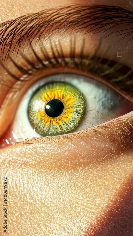 Poster macro photography capturing intricate details of a hazel eye, revealing the iris's varied colors and