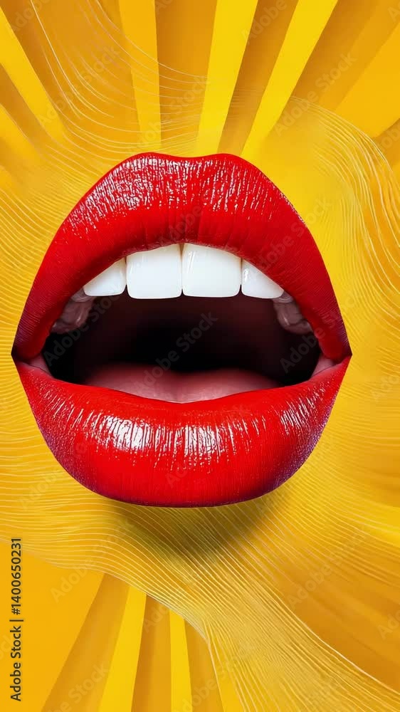 Poster open sensual mouth with perfect red lipstick and white teeth is showing on a yellow background with 