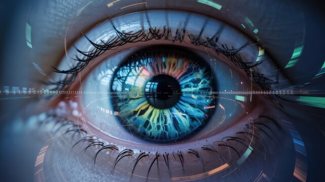 Macro shot of an AI synthetic eye scanning a virtual environment. Concept of artificial vision, surveillance, and data analysis.