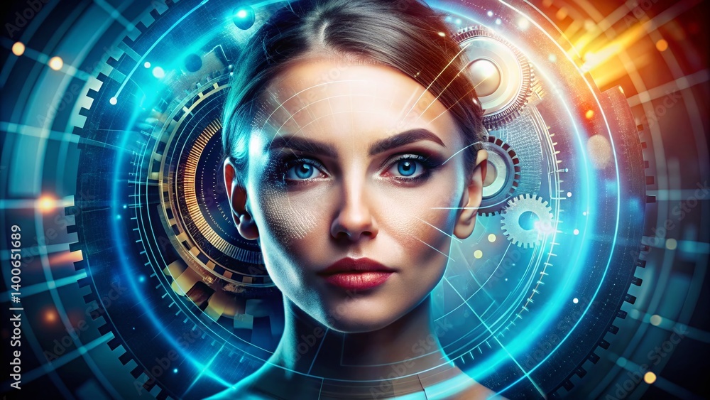 Poster ai automation: futuristic portrait of a woman with rotating cogwheels, technology and artificial int