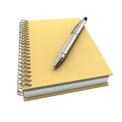 Closeup of a spiral notebook with a tan cover and a silver pen on a transparent background Concept of writing, notetaking, and office supplies