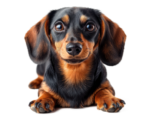 A high-resolution studio photograph full body shot of an smile adorable Dachshund dog on a pure white background