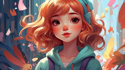 "Three Charming Girls in Colorful Outfits, Each with a Unique Hairstyle, Radiating Playful Innocence"