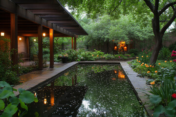 quiet memorial garden with reflecting pool and trees