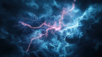 Obraz premium Dramatic lightning strikes illuminate a dark stormy sky with vibrant blue and pink energy.