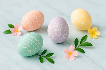 Pastel-colored Easter eggs with delicate white patterns, surrounded by soft flowers and green leaves on a light blue background. Ideal for Easter-themed designs and springtime content.