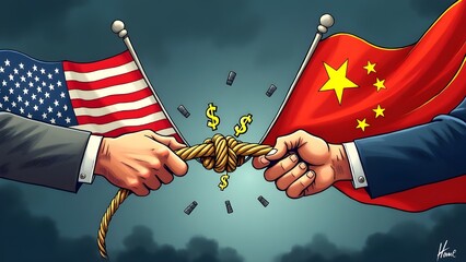 Trade War Concept: Digital Illustration of USA and China in Economic Tug of War with Flags and Currency Symbols