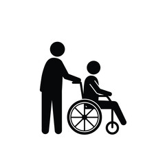 Fototapeta premium Caregiver Assisting Person In Wheelchair Icon Black And White Illustration