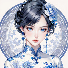 Chinoiserie Girl Illustration – Exquisite portrait showcasing intricate blue-white stylings featuring delicate floral decor, mysterious expression, masterful artistry, sophisticated design.