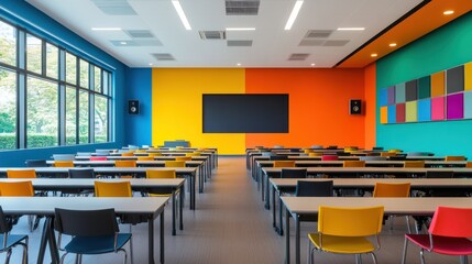 Colorful classroom interior, modern design, educational space, inspiring learning environment, suitable for stock photo