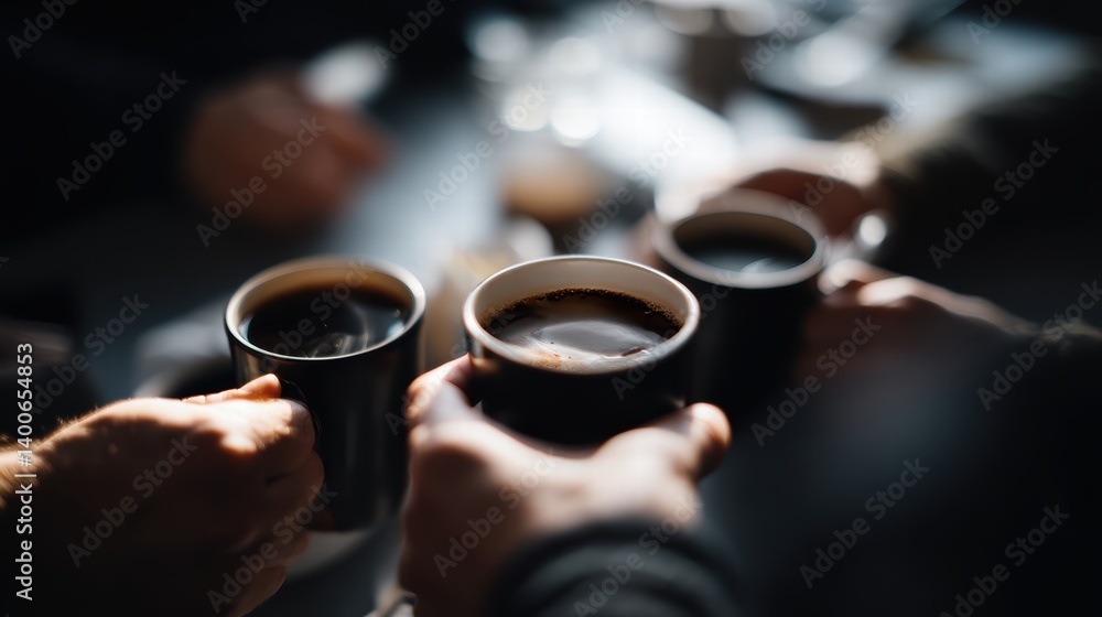 Poster hands holding coffee cups during workplace meeting, creating warm and collaborative atmosphere. scen