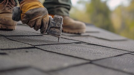 Roofing specialist securing asphalt shingles on a steep roof. Featuring craftsmanship and safety
