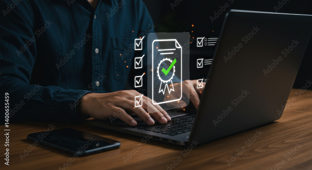 Poster digital compliance checklist: achieving standards & certification online. efficient document approva