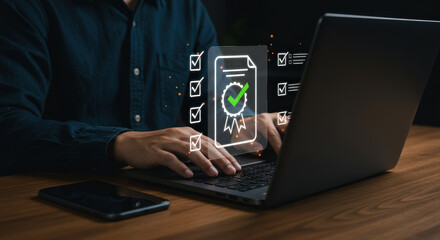  Digital Compliance Checklist: Achieving Standards & Certification Online. Efficient Document Approval Workflow on Laptop.