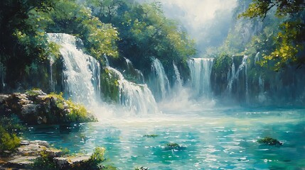 Moody and atmospheric oil painting of Plitvice Lakes during a gentle rain, raindrops creating ripples in the turquoise pools, mist drifting over the waterfalls,
