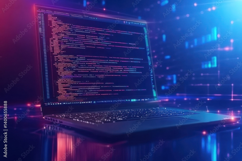Poster laptop displaying code in a vibrant digital environment
