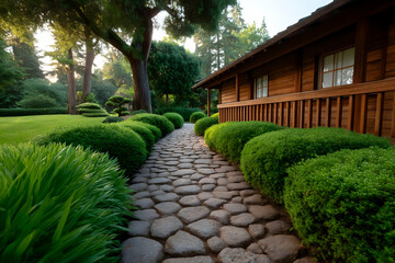 Serene stone path winds through lush Japanese garden alongside wooden structure, bathed in morning sunlight