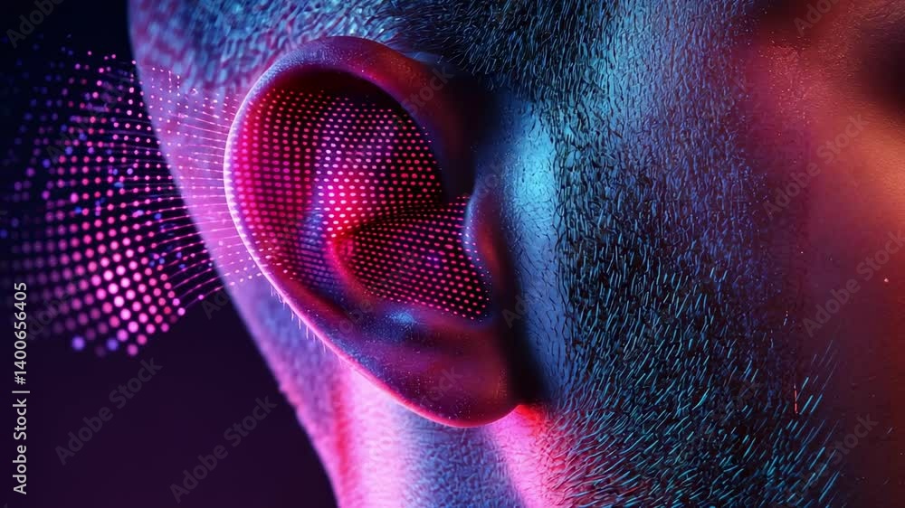 Aufkleber digital sound waves are entering a human ear, visualized with colorful particles and representing th