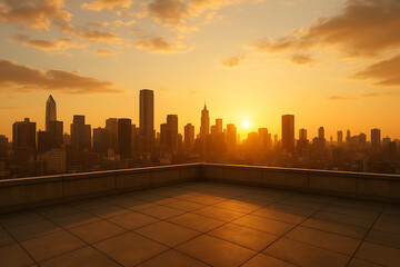 Golden Hour Rooftop View Over Modern City Skyline
