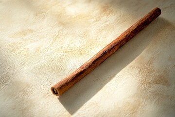 A single cinnamon stick rests on a textured surface with shadows