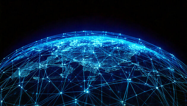 El planeta tierra conectado por una red de puntos luminosos de neon en un mapa de tecnolog&iacute;a global, telecomunicaciones, internet mundial y redes inteligentes de comunicaci&oacute;n conexi&oacute;n y futuro digital
