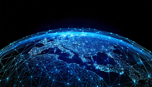 El planeta tierra conectado por una red de puntos luminosos de neon en un mapa de tecnolog&iacute;a global, telecomunicaciones, internet mundial y redes inteligentes de comunicaci&oacute;n conexi&oacute;n y futuro digital