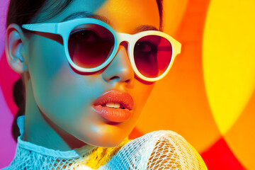 Portrait of a woman wearing white-rimmed sunglasses, a girl standing in multicolored lighting, close-up.